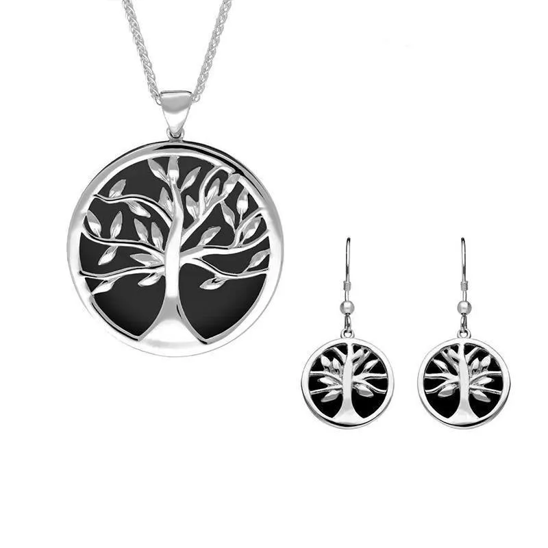 Sterling Silver Whitby Jet Large Round Tree of Life Two Piece Set sold by Jura Watches