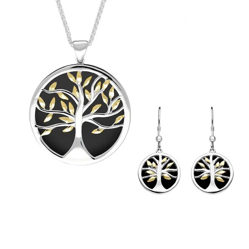 Sterling Silver Yellow Gold Plated Whitby Jet Large Round Tree of Life Two Piece Set sold by Jura Watches