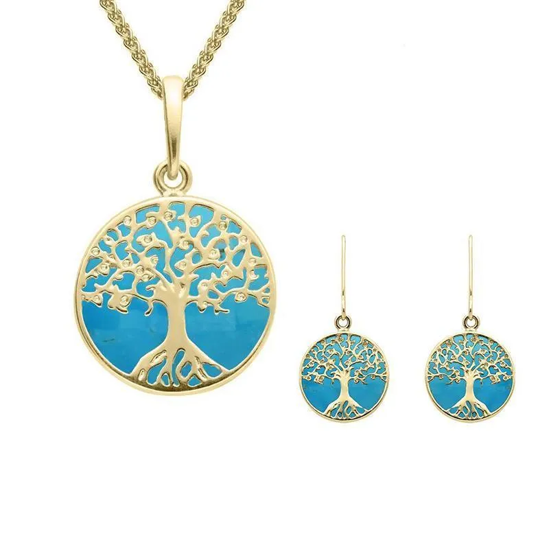 9ct Yellow Gold Turquoise Small Round Tree of Life Two Piece Set sold by Jura Watches