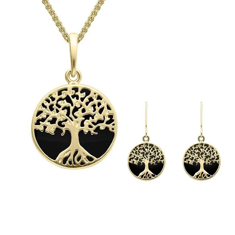 9ct Yellow Gold Whitby Jet Small Round Tree of Life Two Piece Set sold by Jura Watches