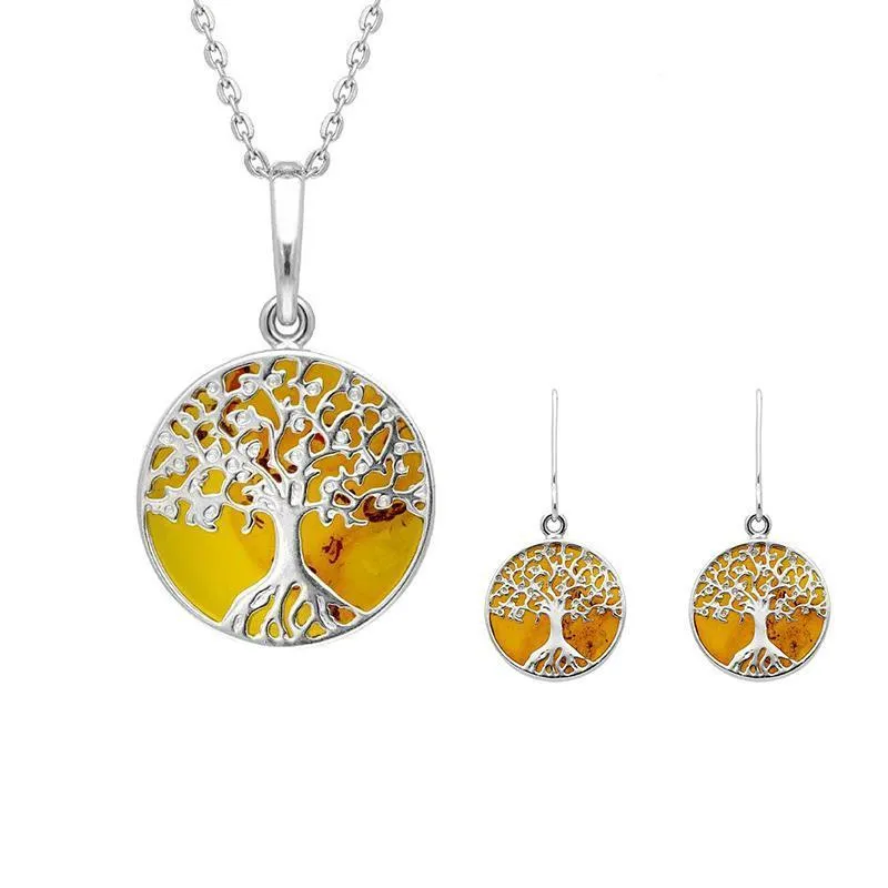 Sterling Silver Amber Small Round Tree of Life Two Piece Set sold by Jura Watches