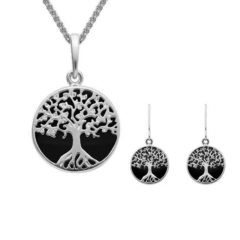 Sterling Silver Whitby Jet Small Round Tree of Life Two Piece Set sold by Jura Watches