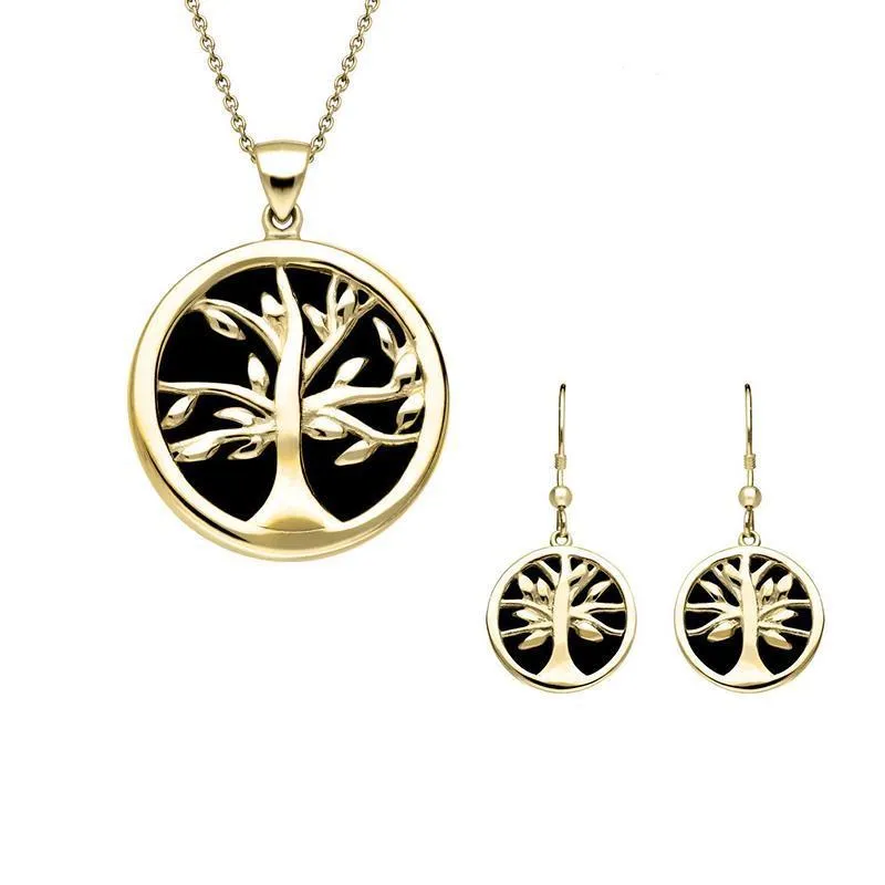 9ct Yellow Gold Whitby Jet Medium Round Tree of Life Two Piece Set sold by Jura Watches