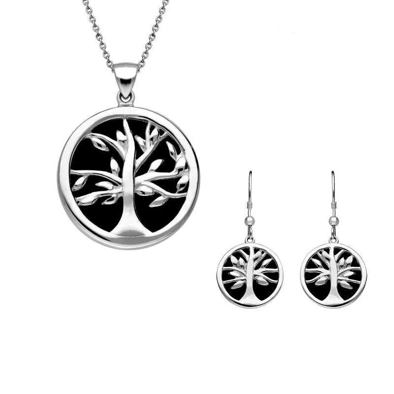 Sterling Silver Whitby Jet Medium Round Tree of Life Two Piece Set sold by Jura Watches