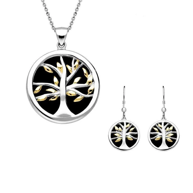 Sterling Silver Yellow Gold Plate Whitby Jet Medium Round Tree of Life Two Piece Set sold by Jura Watches