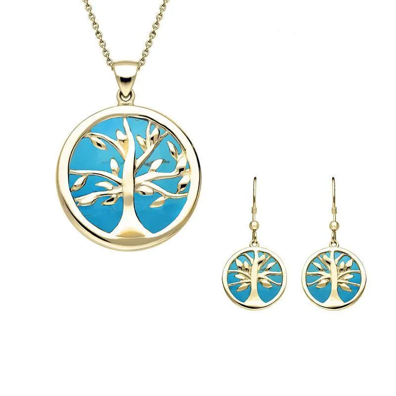 9ct Yellow Gold Turquoise Medium Round Tree of Life Two Piece Set sold by Jura Watches