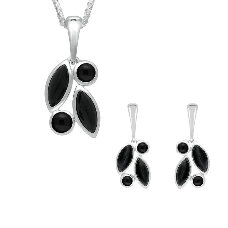 Sterling Silver Whitby Jet Four Stone Leaf Drop Two Piece Set sold by Jura Watches
