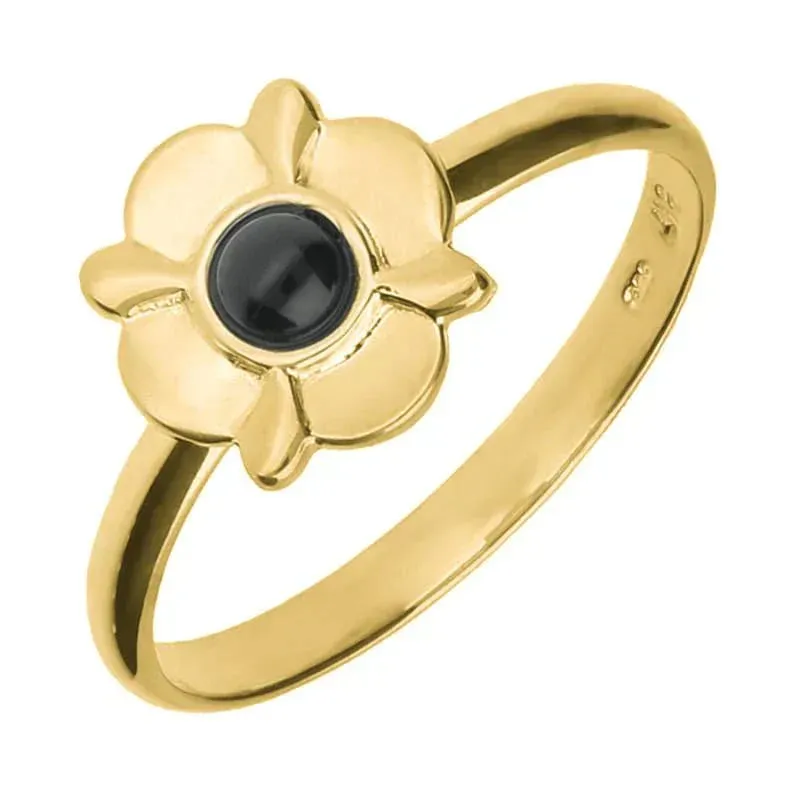 9ct Yellow Gold Whitby Jet Four Petal Round Ring sold by Jura Watches