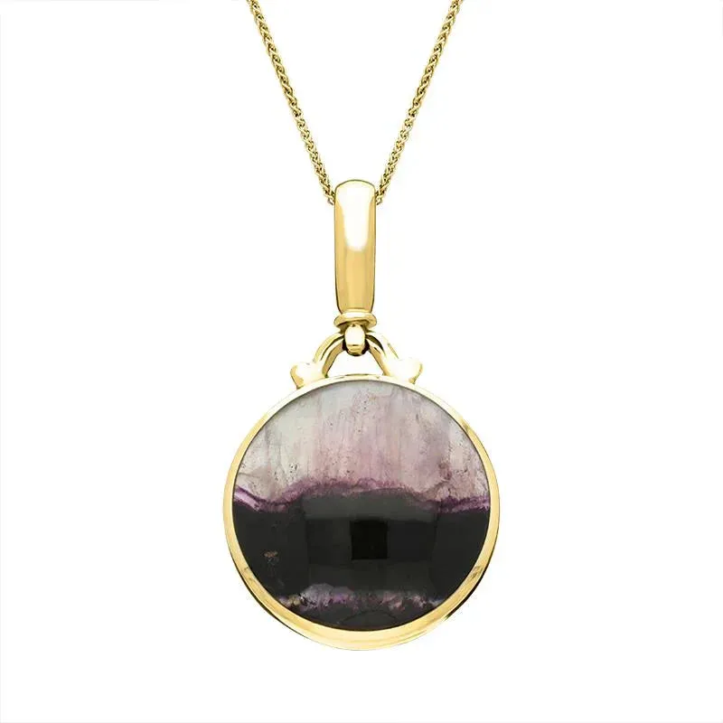 18ct Yellow Gold Blue John Whitby Jet Double Sided Round Fob Necklace sold by Jura Watches