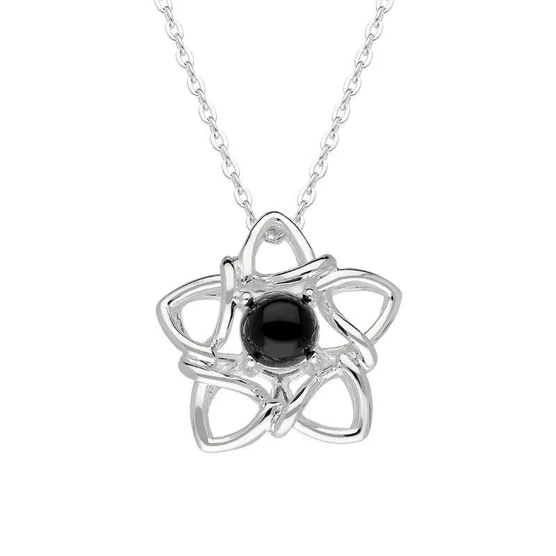 Sterling Silver Whitby Jet Open Star Flower Necklace sold by Jura Watches
