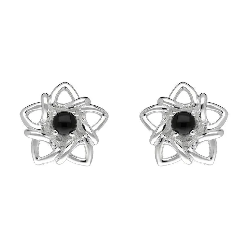 Sterling Silver Whitby Jet Open Star Flower Stud Earrings sold by Jura Watches