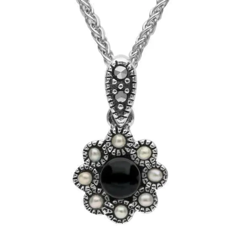 Sterling Silver Whitby Jet Marcasite Pearl Rounded Bead Edge Necklace sold by Jura Watches