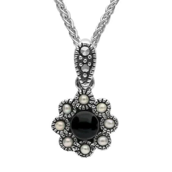 Sterling Silver Whitby Jet Marcasite Pearl Rounded Bead Edge Necklace sold by Jura Watches
