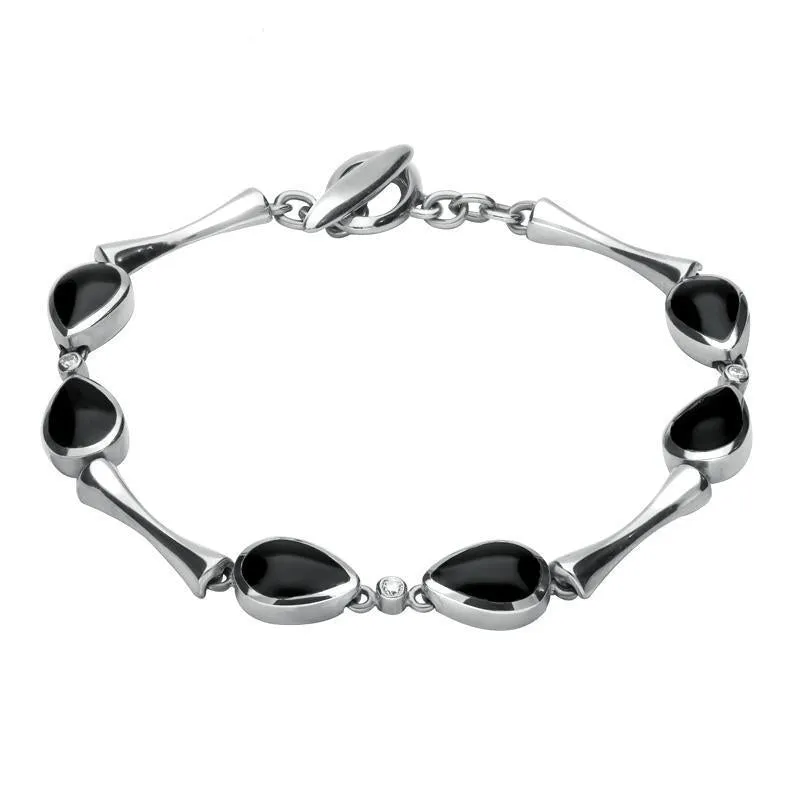 18ct White Gold Whitby Jet 0.09ct Diamond Six Stone Pear Bracelet sold by Jura Watches