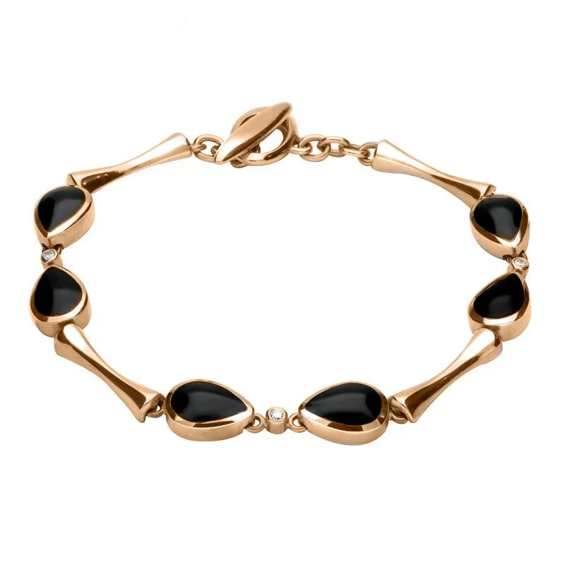 18ct Rose Gold Whitby Jet 0.09ct Diamond Six Stone Pear Bracelet sold by Jura Watches