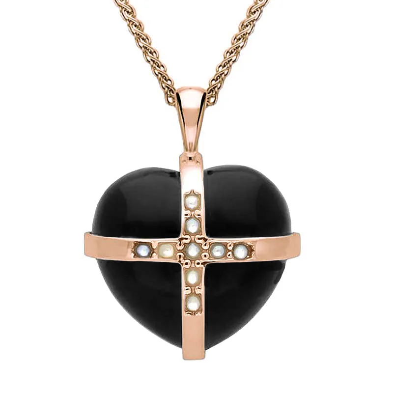 9ct Rose Gold Whitby Jet Pearl Nine Stone Medium Cross Heart Necklace sold by Jura Watches