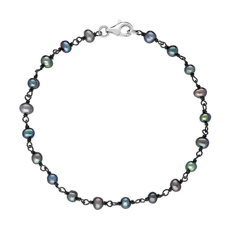 Sterling Silver Black Pearl Bead Chain Link Bracelet sold by Jura Watches