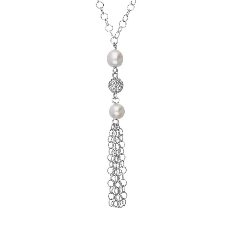 Sterling Silver Pearl Double Stone Tassel Drop Necklace sold by Jura Watches