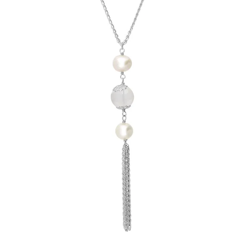 Sterling Silver Pearl Crystal Triple Stone Tassel Drop Necklace sold by Jura Watches