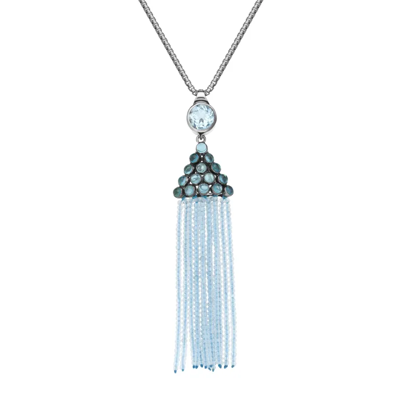 Sterling Silver Black Rhodium Blue Topaz Round Cascade Tassel Necklace D sold by Jura Watches
