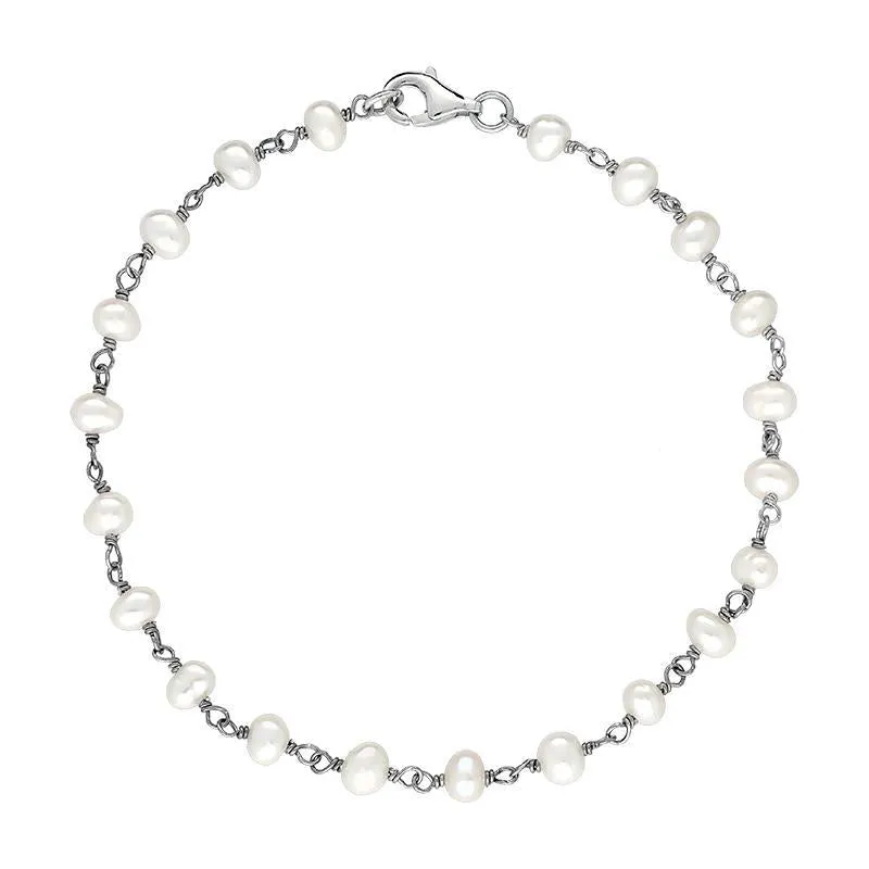 Sterling Silver White Pearl Bead Chain Link Bracelet sold by Jura Watches