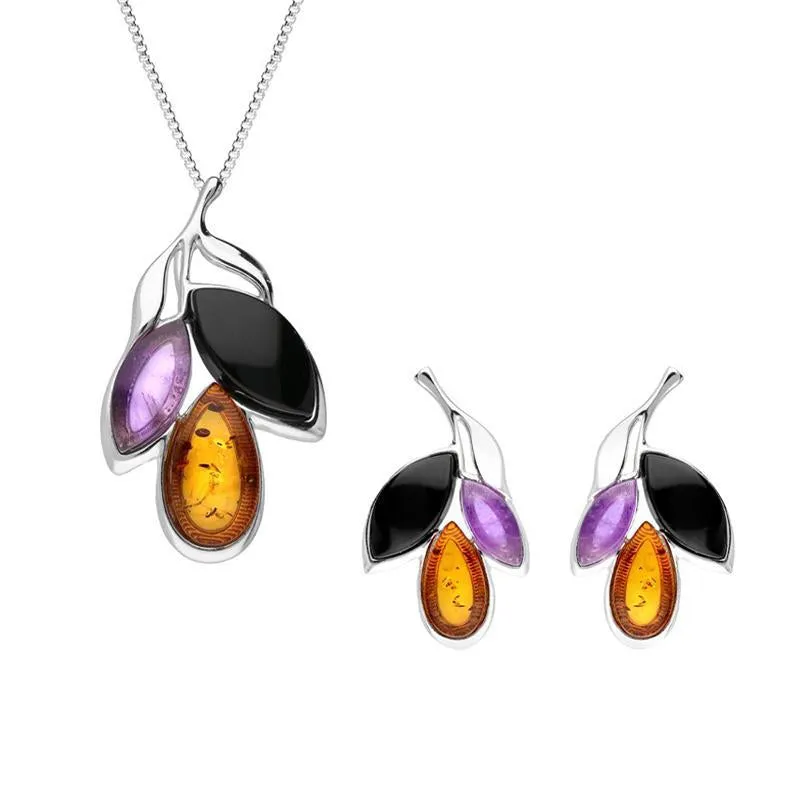 Sterling Silver Whitby Jet Amethyst Amber Three Stone Leaf Two Piece Set sold by Jura Watches