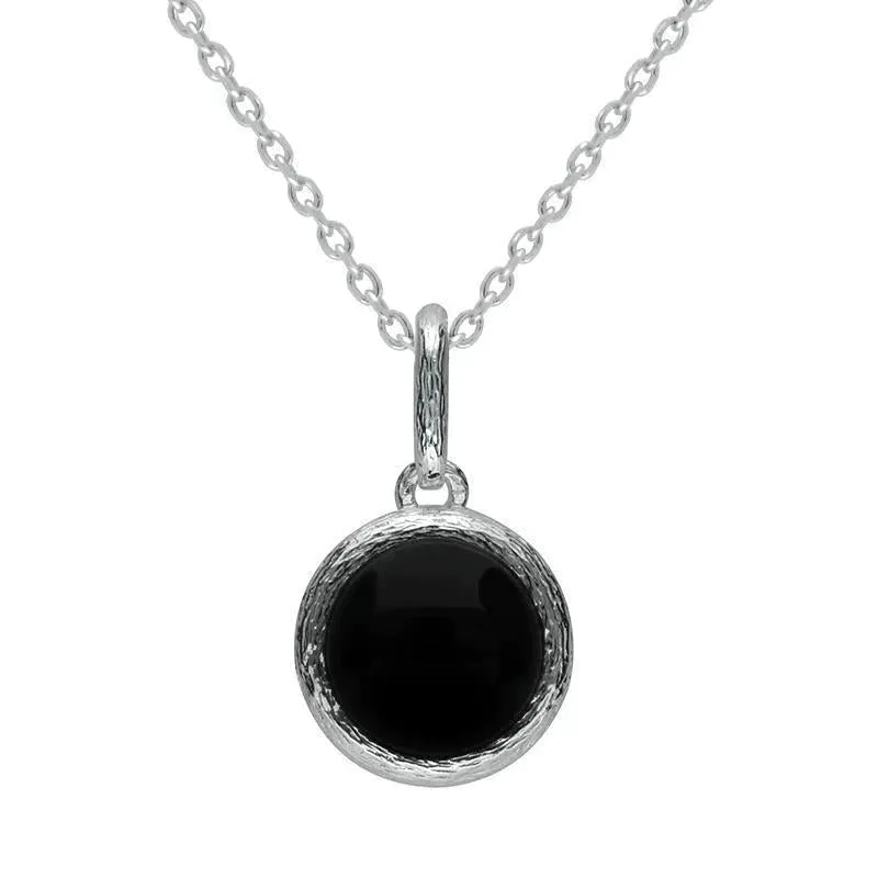 Sterling Silver Whitby Jet Round Stone Brushed Edge Necklace sold by Jura Watches
