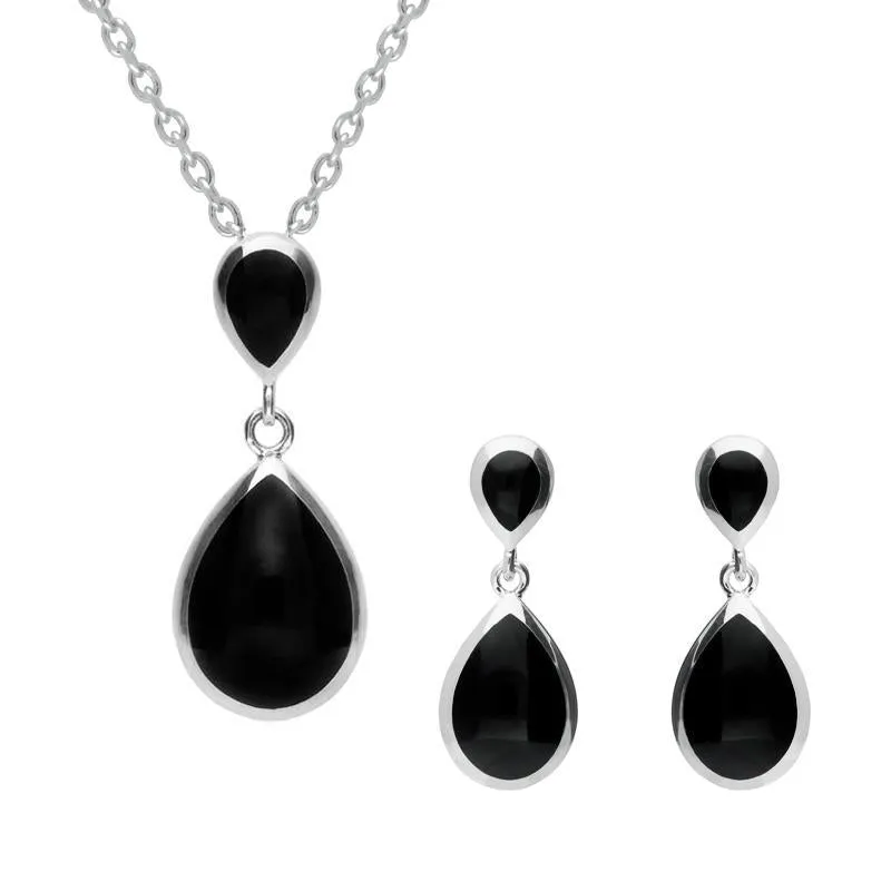 Sterling Silver Whitby Jet Double Pear Drop Two Piece Set sold by Jura Watches