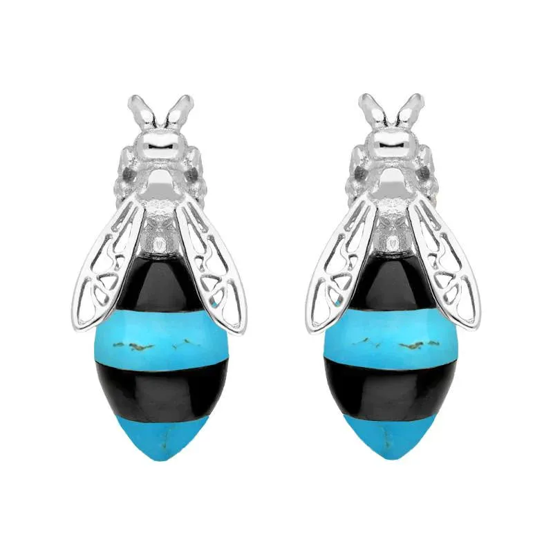 Sterling Silver Whitby Jet Turquoise Bee Stud Earrings sold by Jura Watches