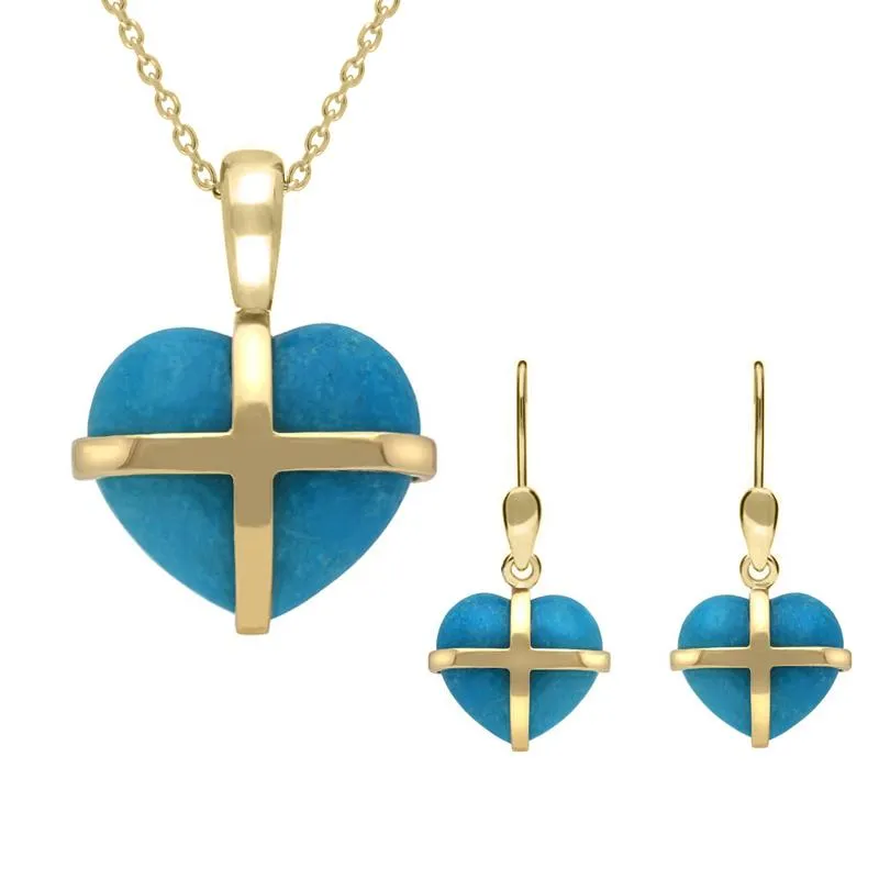 9ct Yellow Gold Turquoise Small Cross Heart Two Piece Set sold by Jura Watches