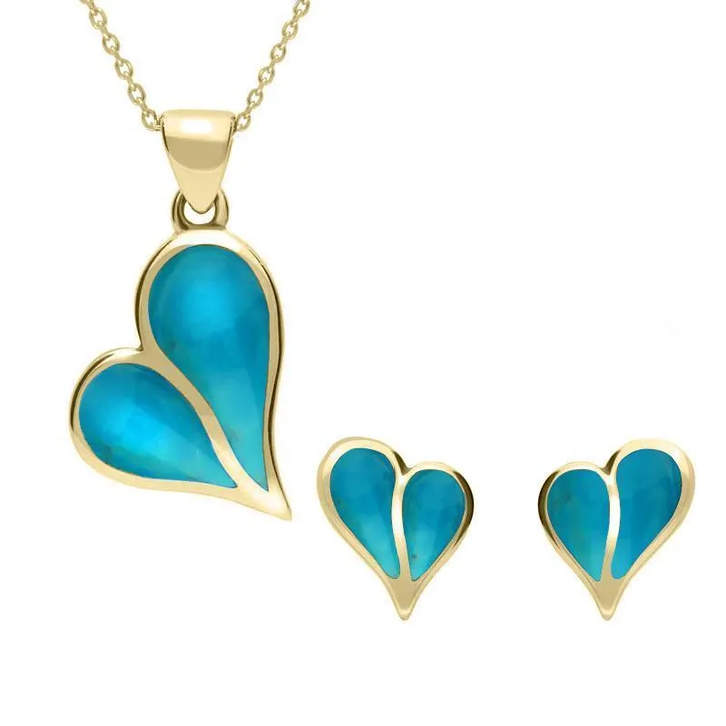 9ct Yellow Gold Turquoise Split Heart Two Piece Set sold by Jura Watches