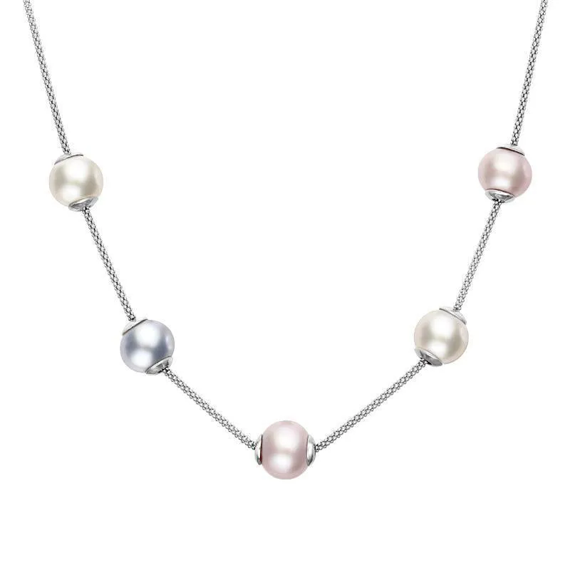 Sterling Silver Pink Grey White Pearl Five Stone Bead Necklace sold by Jura Watches