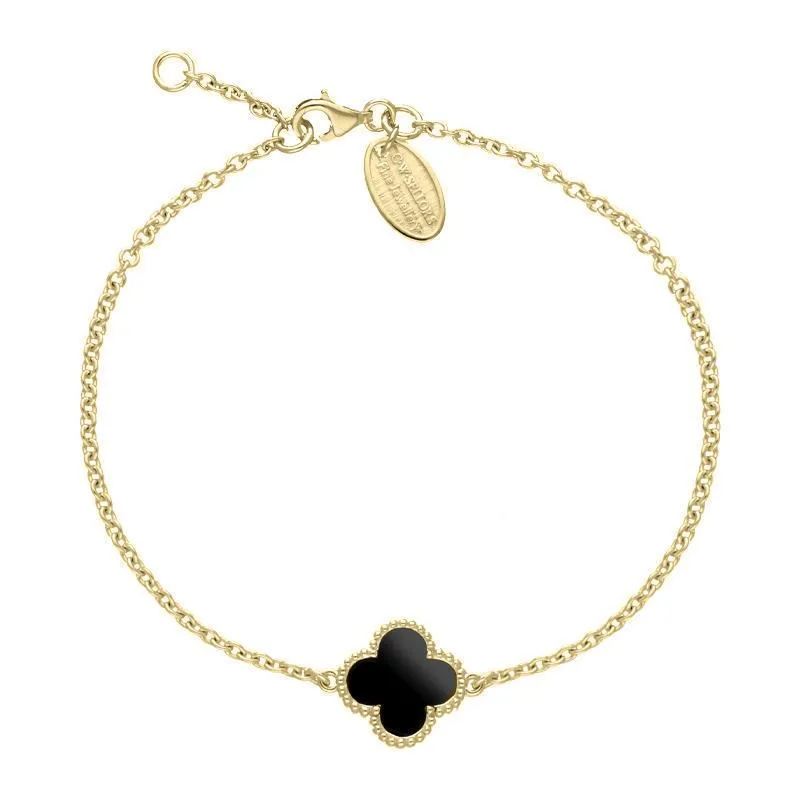 9ct Yellow Gold Whitby Jet Bloom Four Leaf Clover Ball Edge Chain Bracelet sold by Jura Watches
