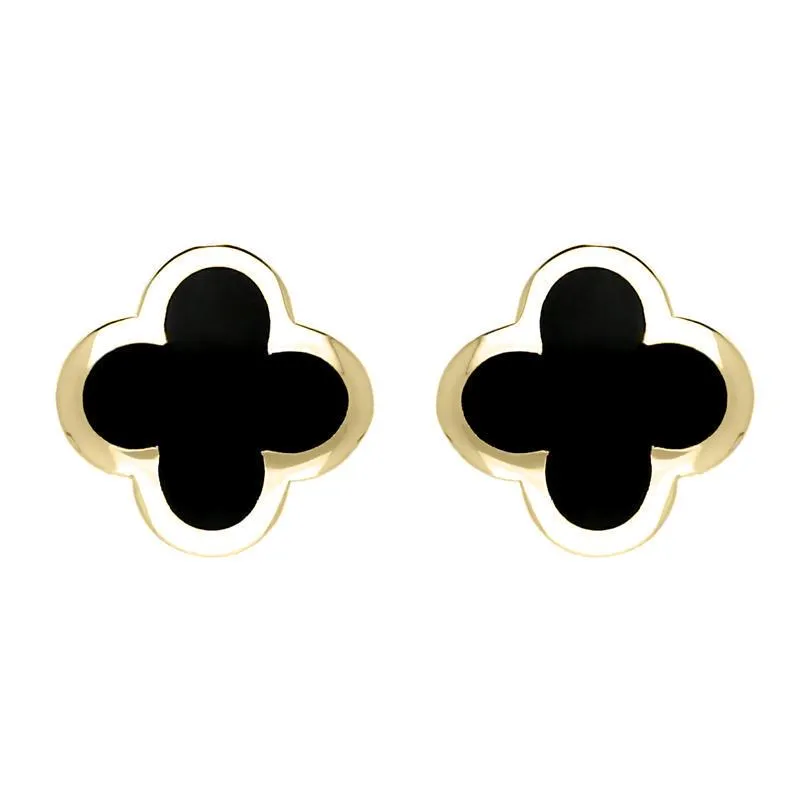 9ct Yellow Gold Whitby Jet Bloom Four Leaf Clover Stud Earrings sold by Jura Watches