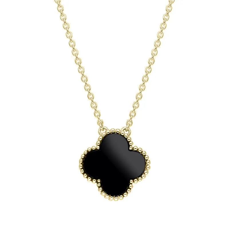 9ct Yellow Gold Whitby Jet Bloom Large Four Leaf Clover Ball Edge Chain Necklace sold by Jura Watches