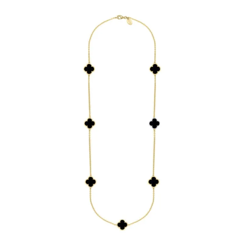 9ct Yellow Gold Whitby Jet Bloom Four Leaf Clover Ball Edge Long Necklace sold by Jura Watches