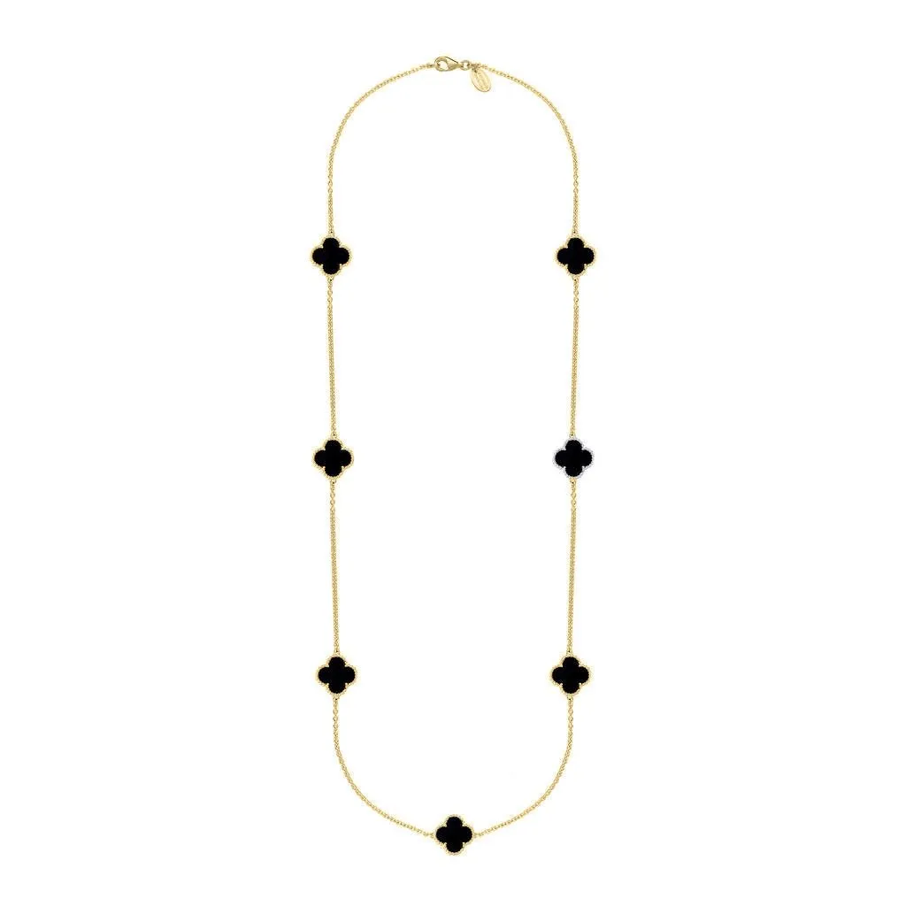 9ct Yellow Gold Whitby Jet Bloom Four Leaf Clover Ball Edge Long Necklace sold by Jura Watches