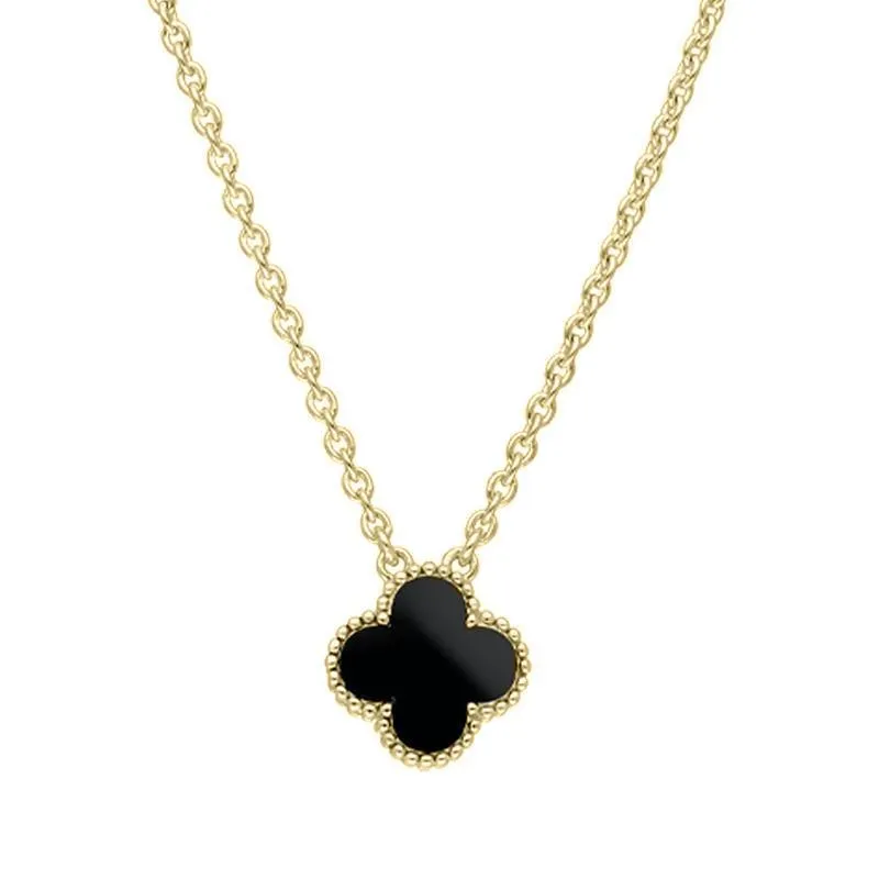 9ct Yellow Gold Whitby Jet Bloom Small Four Leaf Clover Ball Edge Chain Necklace sold by Jura Watches