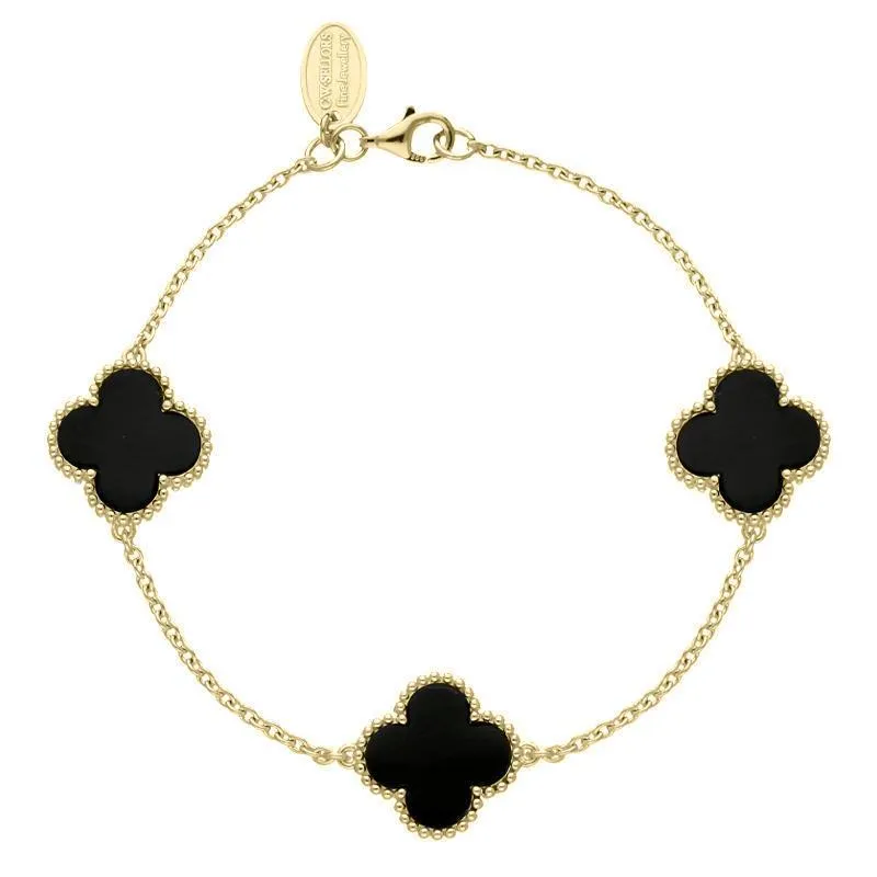 9ct Yellow Gold Whitby Jet Bloom Four Leaf Clover Ball Edge Chain Bracelet sold by Jura Watches