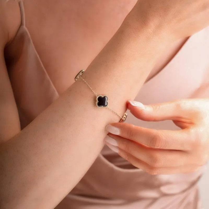 9ct Yellow Gold Whitby Jet Bloom Four Leaf Clover Ball Edge Chain Bracelet sold by Jura Watches product image thumbnail 2