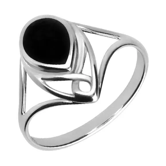 Sterling Silver Whitby Jet Pear Shaped Celtic Ring sold by Jura Watches