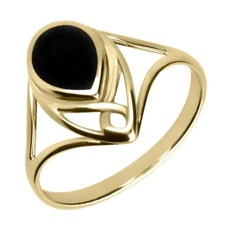 9ct Yellow Gold Whitby Jet Pear Shaped Celtic Ring sold by Jura Watches