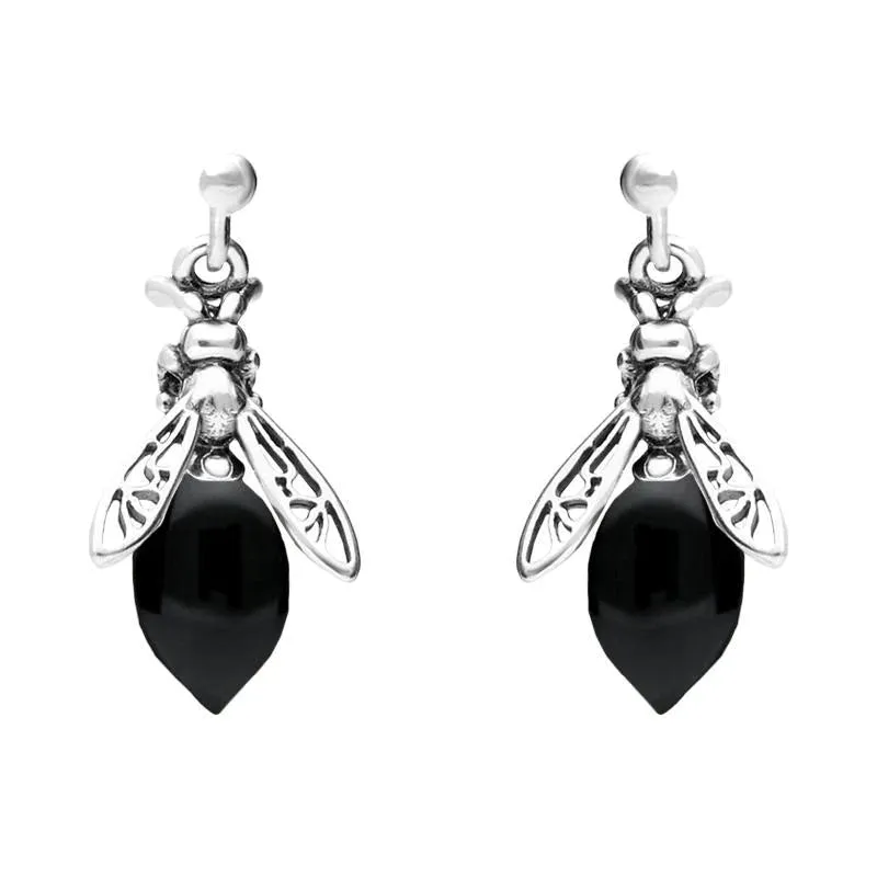 Sterling Silver Whitby Jet Small Bee Drop Earrings sold by Jura Watches