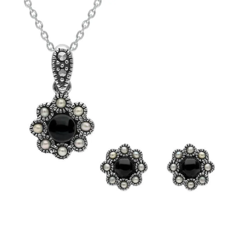 Sterling Silver Whitby Jet Pearl Round Bead Edge Two Piece Set sold by Jura Watches