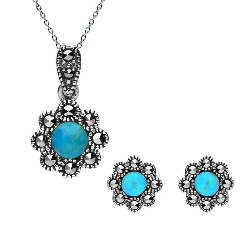 Sterling Silver Turquoise Marcasite Round Bead Edge Two Piece Set sold by Jura Watches