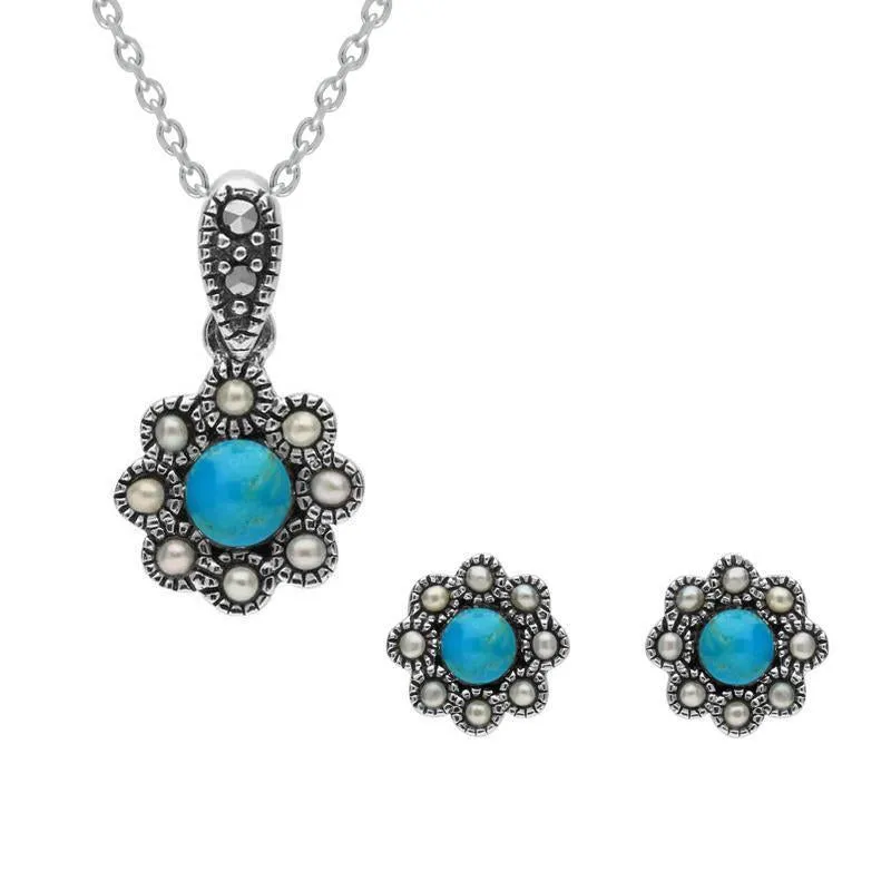 Sterling Silver Turquoise Pearl Round Bead Edge Two Piece Set sold by Jura Watches