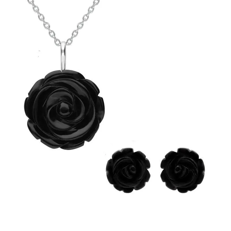 Sterling Silver Whitby Jet Tuberose Rose Two Piece Set sold by Jura Watches