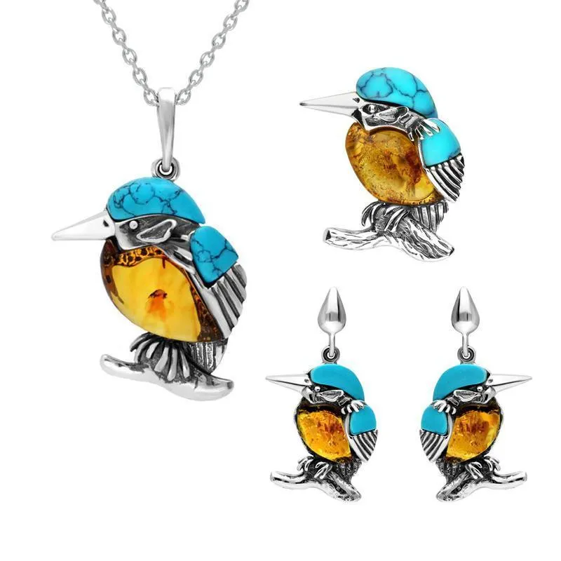 Sterling Silver Amber Turquoise Medium Kingfisher Three Piece Set sold by Jura Watches