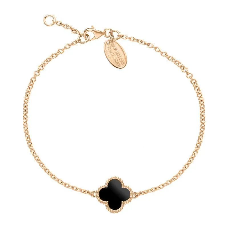 9ct Rose Gold Whitby Jet Bloom Four Leaf Clover Ball Edge Chain Bracelet sold by Jura Watches