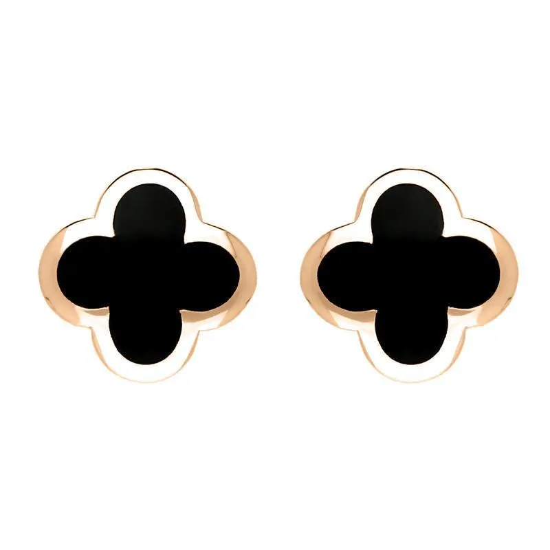 9ct Rose Gold Whitby Jet Bloom Four Leaf Clover Stud Earrings sold by Jura Watches